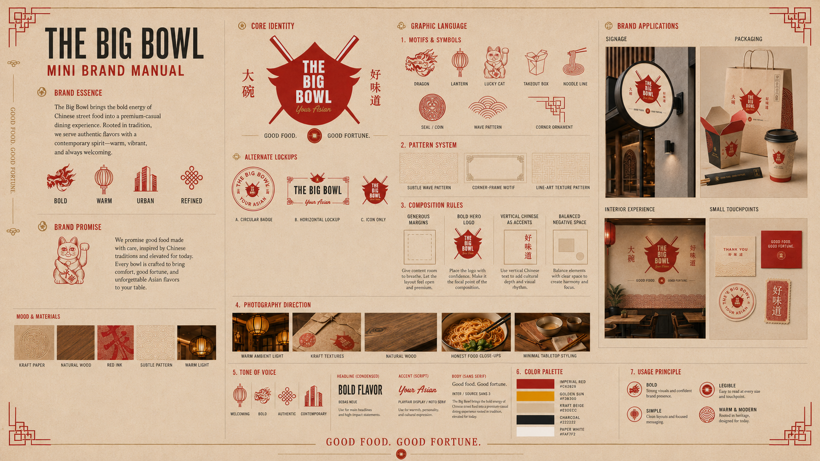 The Big Bowl mini brand manual showing its identity, graphic language, applications, photography, typography, and color palette