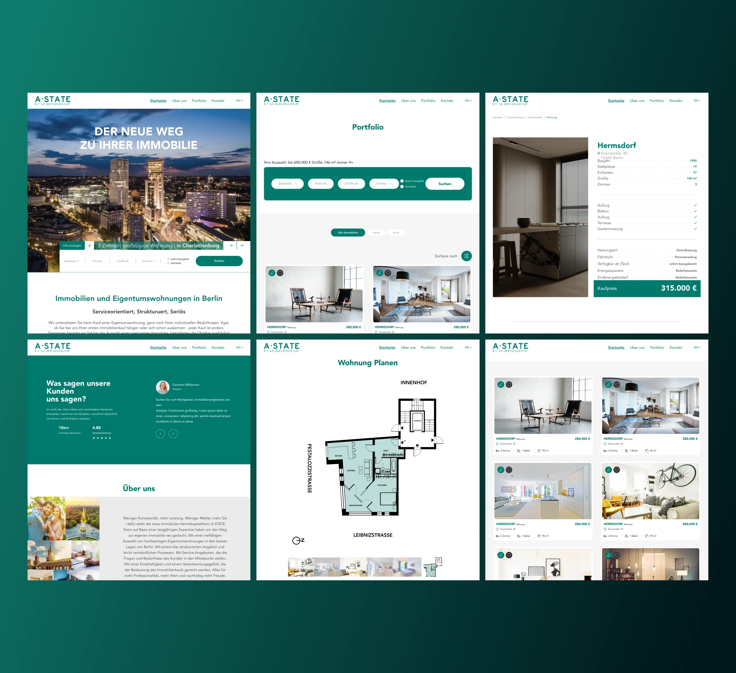 A-State website pages including portfolio, property details and floor plans