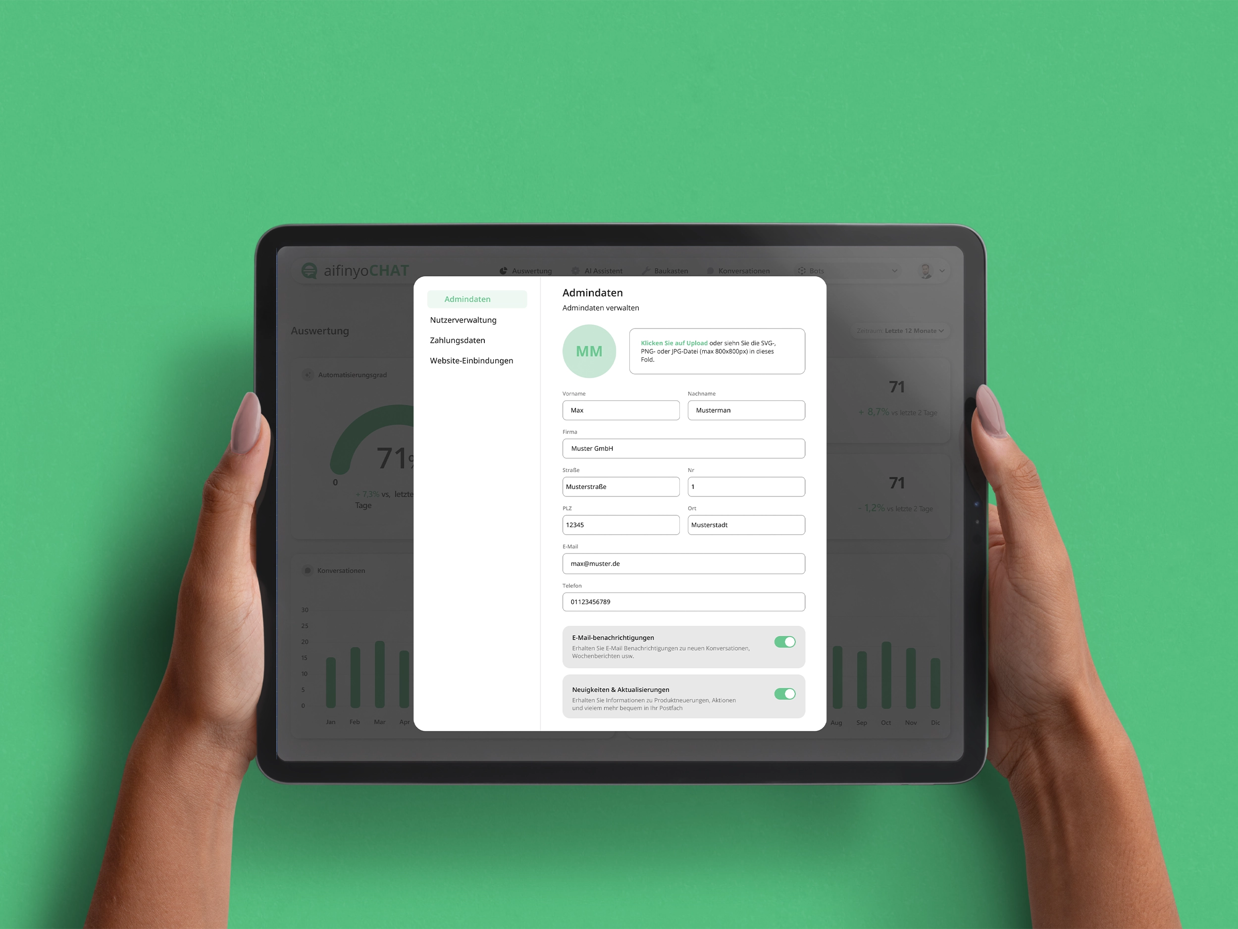 aifinyoChat administration interface displayed on a handheld tablet