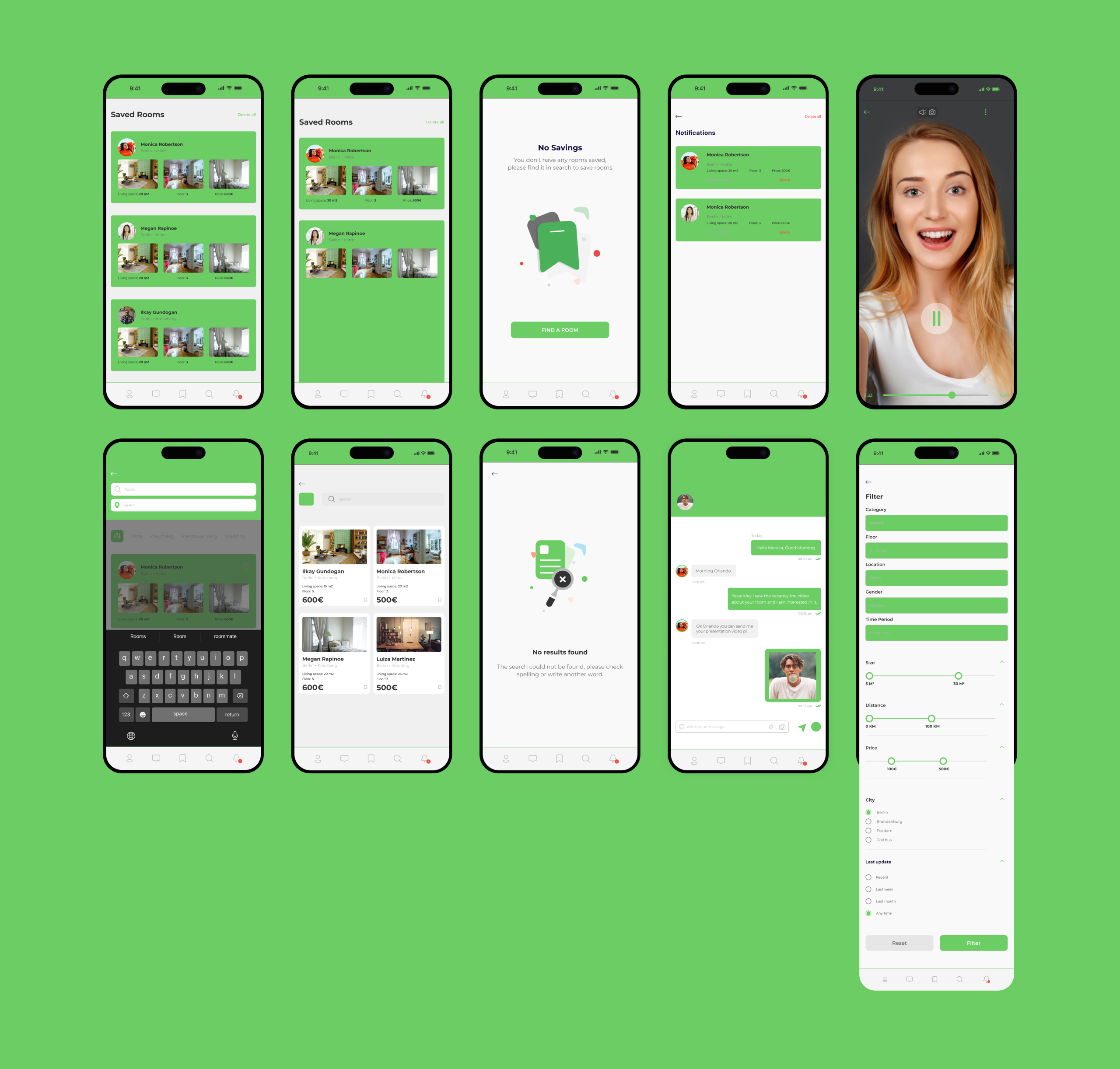 Flatss high-fidelity listing and profile interface screens