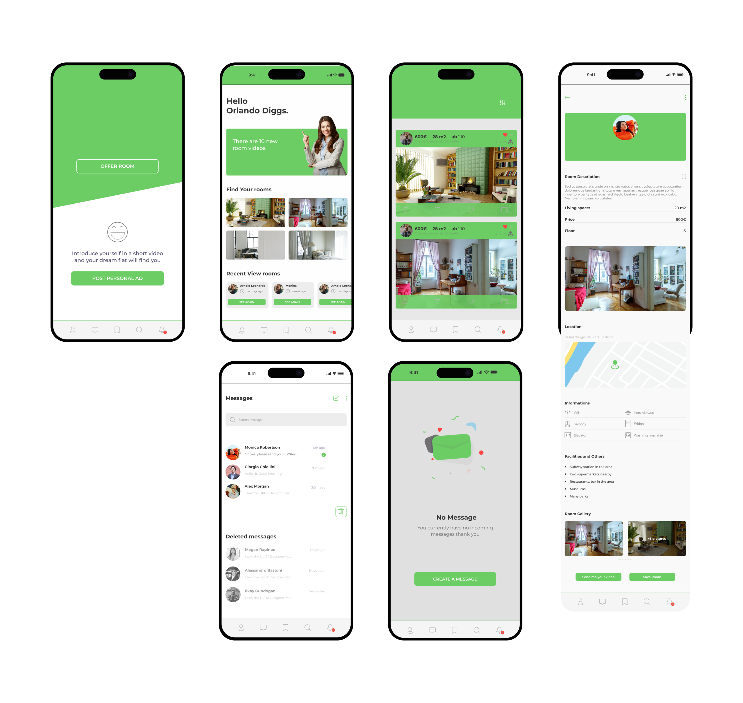 Flatss high-fidelity onboarding, discovery and messaging screens