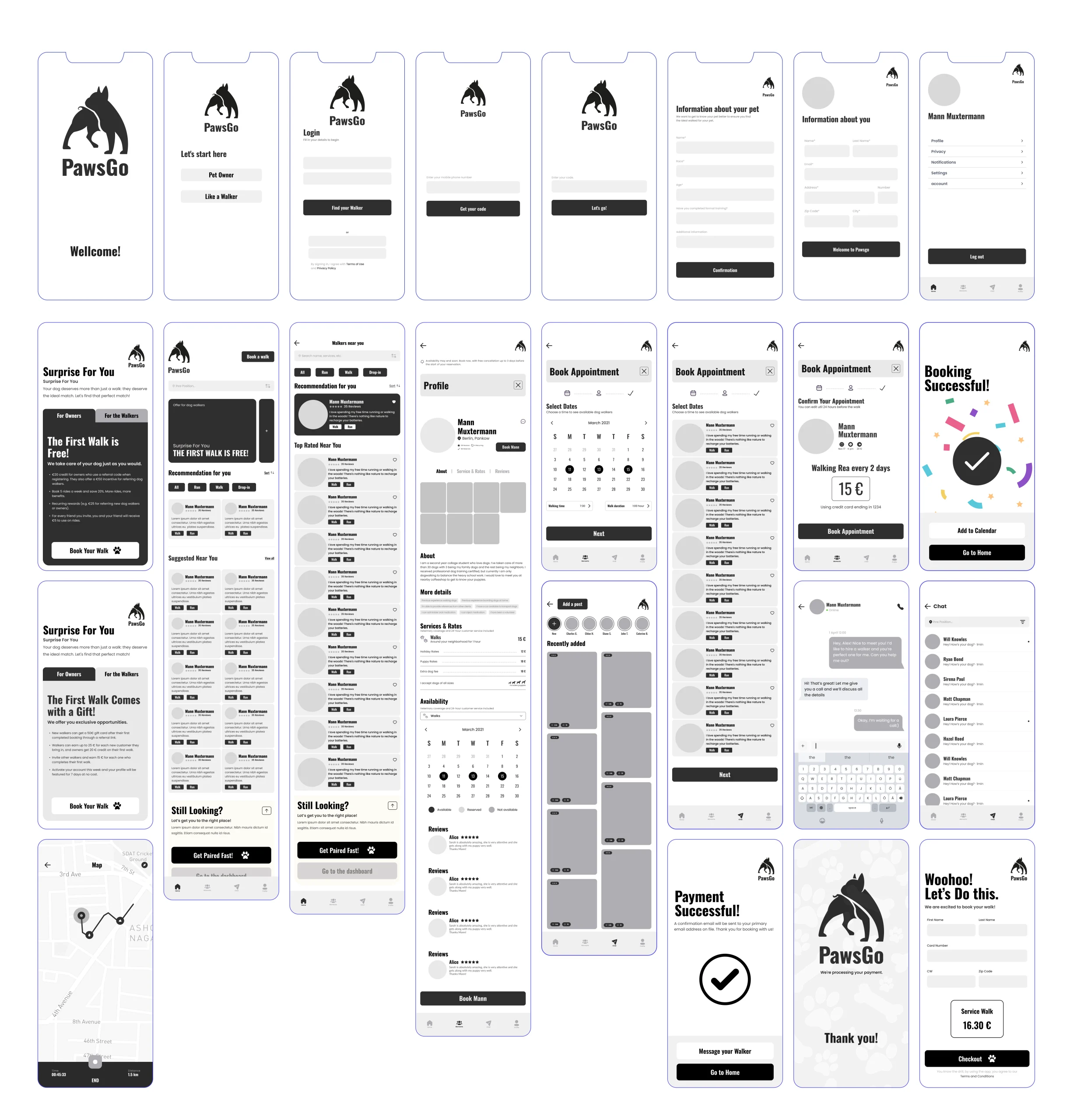PawsGo low-fidelity wireframes