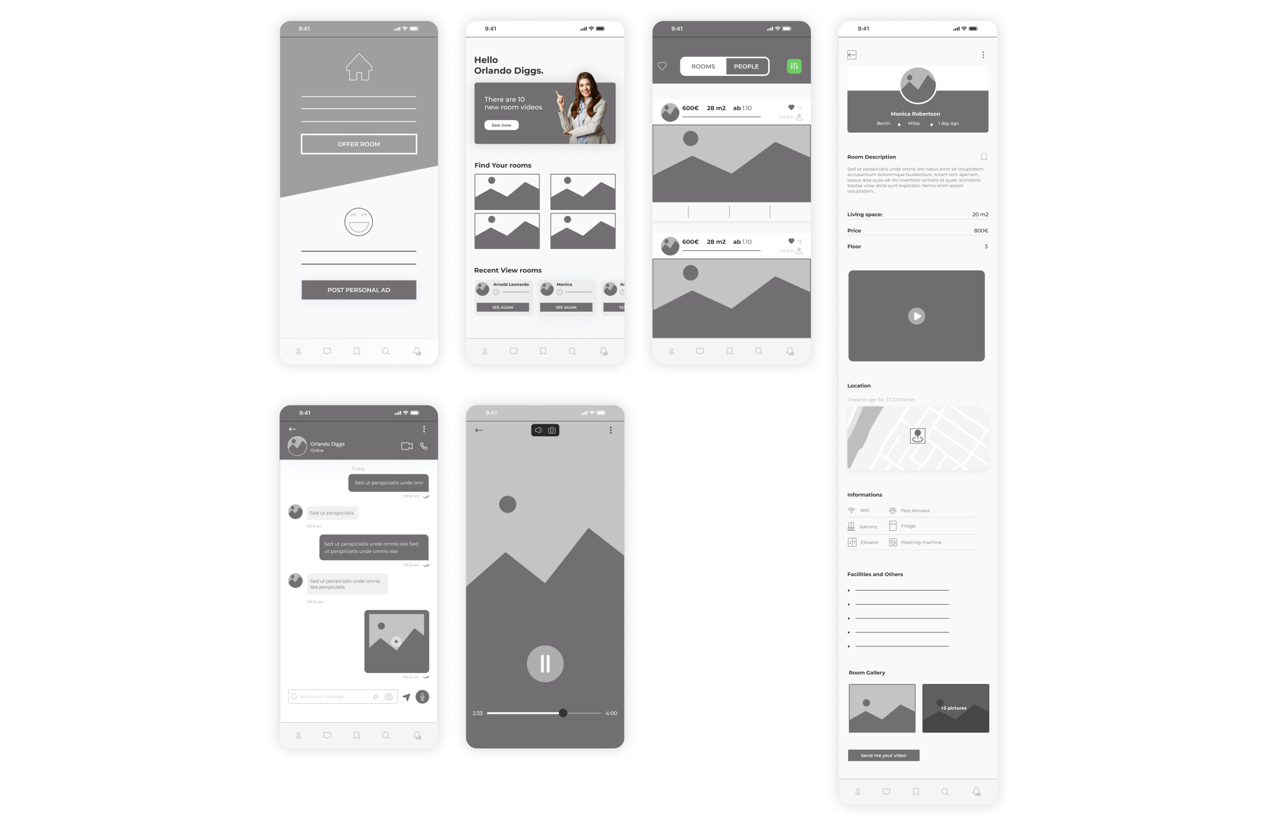 Flatss low-fidelity wireframes and screen structure