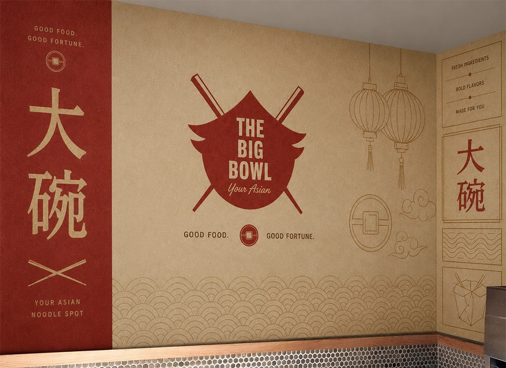 The Big Bowl restaurant wall identity and graphic language
