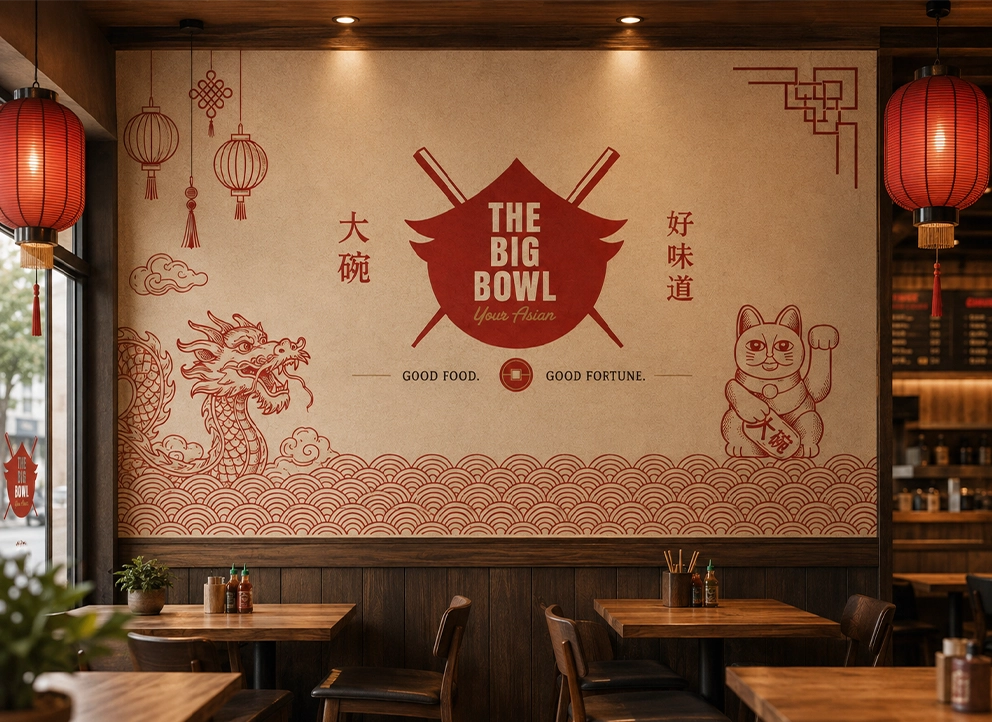 The Big Bowl restaurant interior mural with logo and Asian motifs