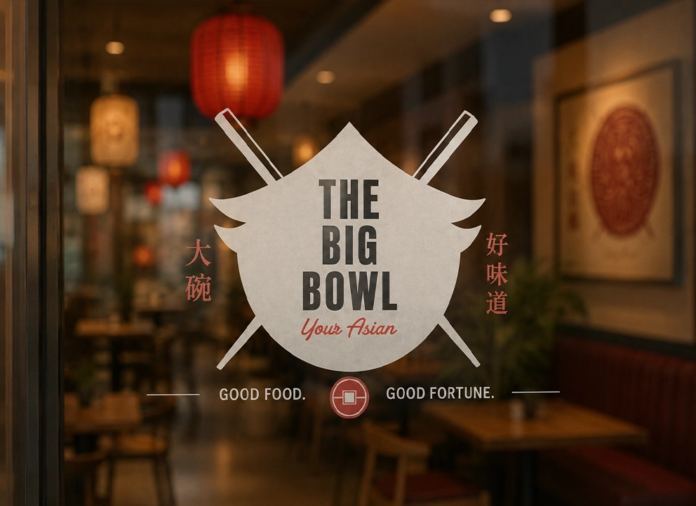 The Big Bowl logo applied to the restaurant entrance window