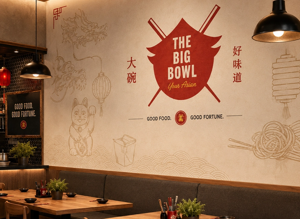 The Big Bowl interior wall branding and illustrations