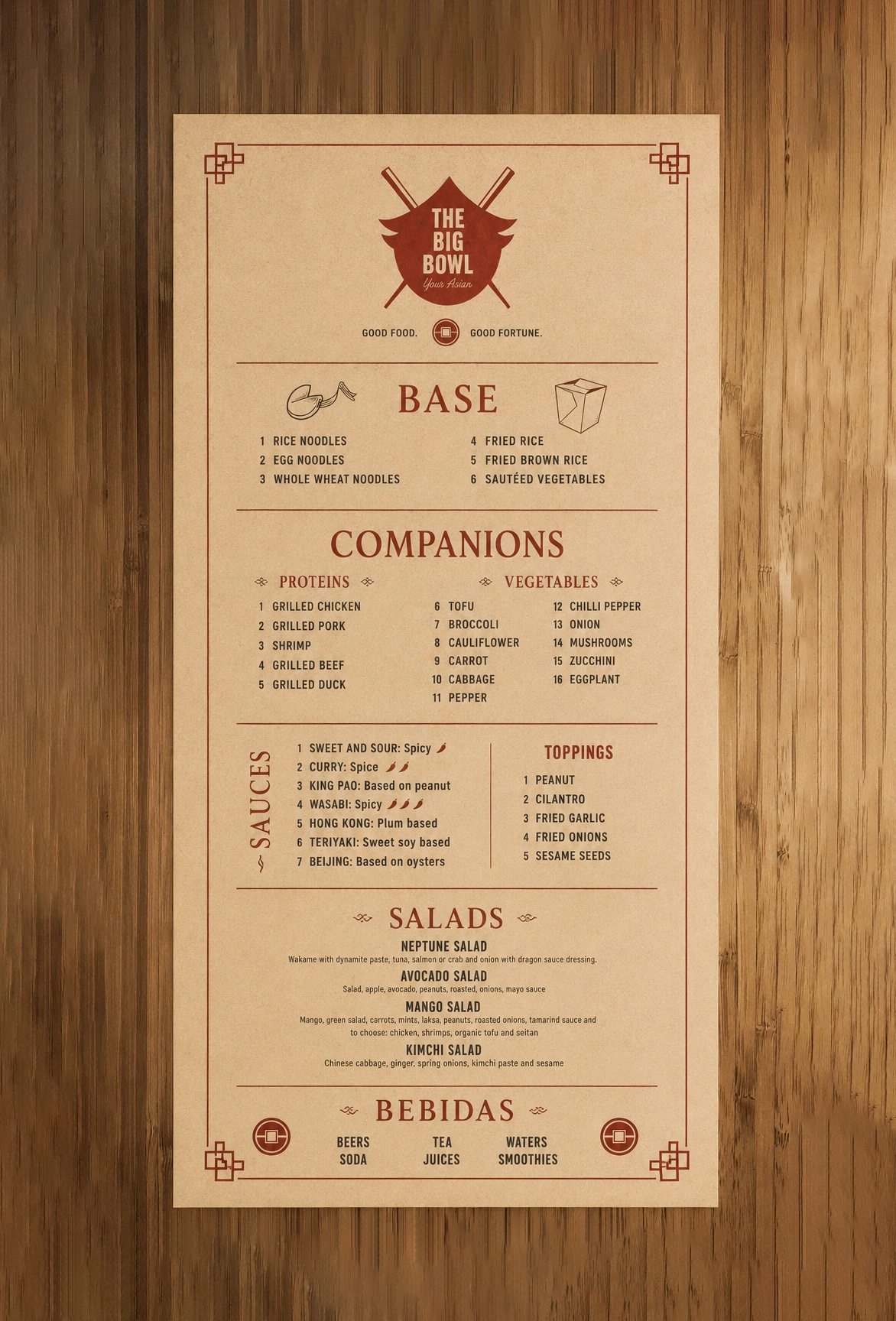 The Big Bowl branded restaurant menu displayed on a wooden surface