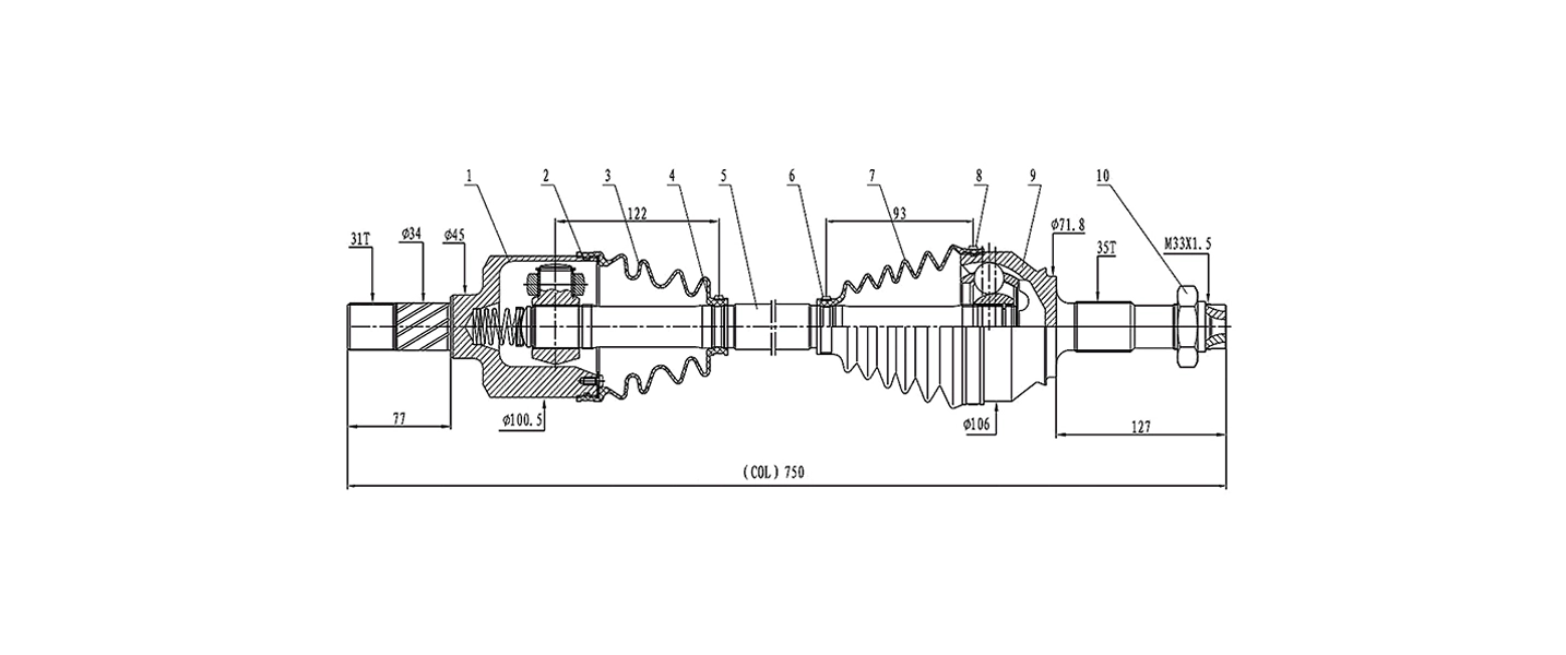Euro Driveline driveshaft technical drawing with dimensions